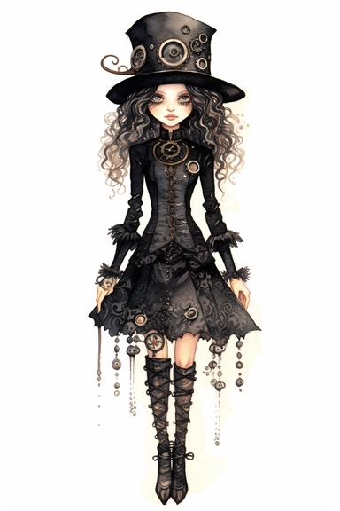 watercolor mixed media goth steampunk girl entire body in goth steampunk graduation dress illustration clipart by holly hobbie
