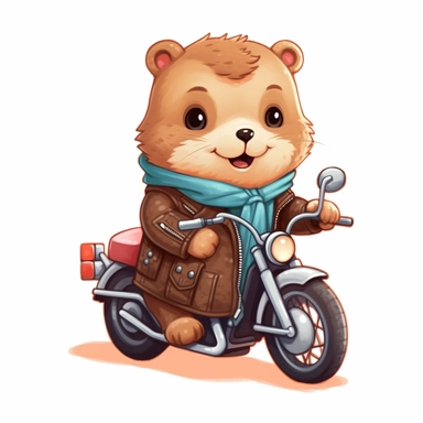 Create a clipart of a cute groundhog wearing a leather jacket and riding a motorcycle. Kawaii. White Background, soft lighting.