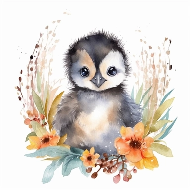 a Cute Happy Baby Penguin in the style of Watercolor Kate Greenaway Clipart, White Background