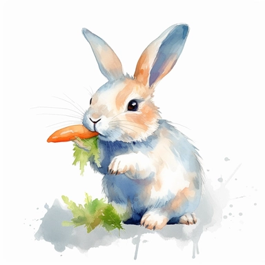 this is a clipart illustration with a bunny holding carrots, in the style of emotionally-charged brushstrokes, animated gifs, eiichiro oda, white and blue, lively action poses, soft and dreamy pastels, jan urschel,pure white background