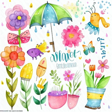 Please create a series of watercolor clipart illustrations featuring different items related to spring. Each illustration should be drawn in a charming and playful style that captures the beauty and vibrancy of the season. Items to include can be flowers, butterflies, birds, bees, rain boots, and umbrellas. Please use a coherent color palette that is bright and cheerful, but also soothing and calming. Colors that are associated with spring, such as greens, blues, pinks, and yellows, should be us