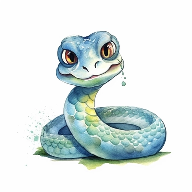 a captivating watercolor clipart image with a white background and white margins, featuring a cute sweet kawaii extremely happy smiling cartoon snake. The ultra-detailed, hand-drawn elements capture the details. Use vibrant shades of various colors to create a visually appealing image