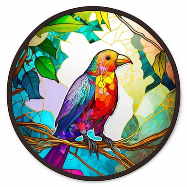 Exotic Bird Colorful Stained Glass Circle Clipart, white background,