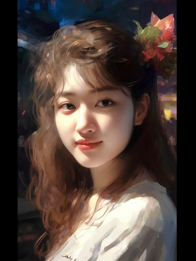 the girl is beatiful, best quality, 8K, bright, front lighting, face shot, fine luster, very deitaled, realistic, figurative painter, Deco art, Oil painting on canvas, beautiful painting by Daniel F Gerhartz, The girl has a bright smile on her face. She is wearing a blue shirt with a cute bowtie on it. She has a pretty hair clip on her head