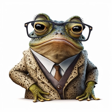 studious toad, wearing a suit and glasses, funny, white background, clipart, no shadows