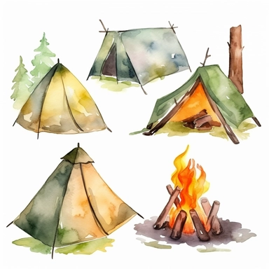 watercolor cartoon camp fires and tents clip art realistic white background