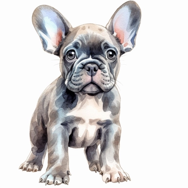 watercolour realistic French bulldog puppy playing beautifully detailed perfect realistic facial features four perfect legs and paws beautiful perfectly detailed french bulldog puppy playing beautiful clear detailed graphics, png image,high resolution,300dpi,graphic clipart,computer graphics