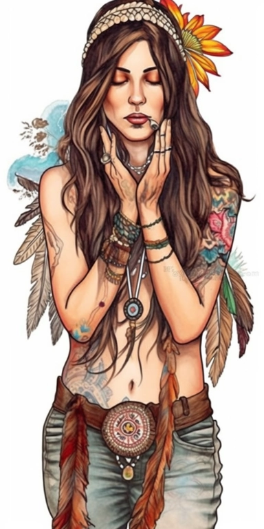 woman in fashion pose, Bohemian, exotic, brown eyed and brown haired woman with a headband with flowers and feather, cowboy boots, lotus choker, large earrings, tattoos, hands in prayer, wearing her heart on her sleeve, watercolor illustration on white ba