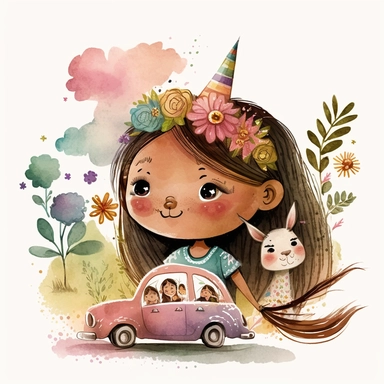 watercolor clipart, A car racing with a family inside, a 6-year-old child and the parents, motion, the girl sees a princess and a unicorn and witch outside the car, magic, illustration story book style for children - @Mónica (Waiting to start)