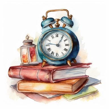 a watercolor a Vintage Alarm Clock with Books Clipart sublimation clipart graphic, full body, clipart, sticker, a single picture, one image in the frame--no text in the picture--