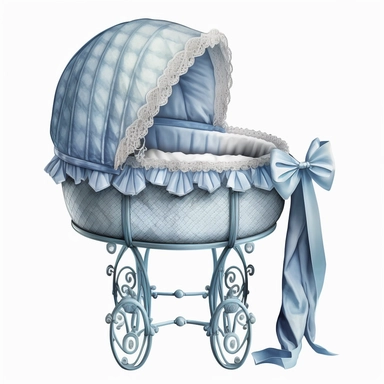 baby bassinet for boy light blue color, white background, watercolor, hyperrealism, high detail, separate elements, clipart
