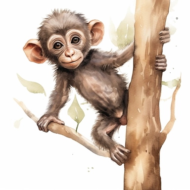 a watercolor painting of very cute baby Baboon hanging on an arb, clipart with a safari floor
