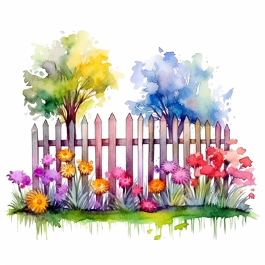 clipart, isolated on white background, Watercolor Spring beautiful ornated fence fulls of the colorful flowers and grass and plants and branches and tree, ornated, vivid and vibrant and saturated colors