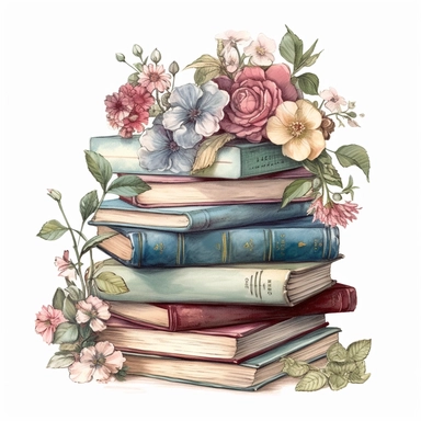 Design a vintage nature and floral style stack of books clipart on a pure white background. Infuse the image with a plethora of flowers and floral elements, such as vines, petals, and leaves. Use a soft color palette consisting of pastel pinks, blues, and greens to create a charming and delicate image. Consider adding small details such as birds or butterflies to add a touch of whimsy and movement to the image. Utilize soft and diffused lighting to create a warm and inviting atmosphere. The book
