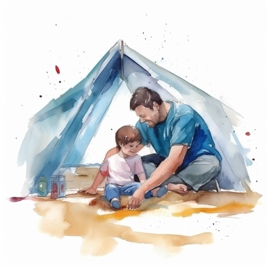 Father and child building a fort or playing in a blanket fort, water color style, clipart, white background