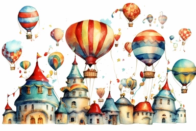 Watercolor, Generate a magical circus with balloons transforming into acrobats and performers. clipart, hd, on a white background, spaced out