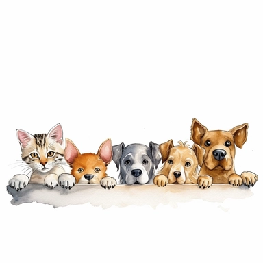 Row of the tops of heads of cats and dogs with paws up, peeking over a blank white sign cartoon watercolor clipart in white background