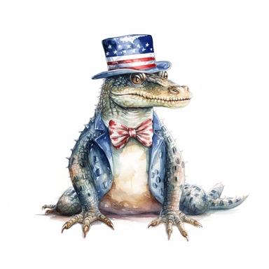 full perspective, watercolor american patriotic alligator wearing a hat clipart illustration, centred, vibrant colors, add the flag, on a white background, no watermark, no logo, no writing