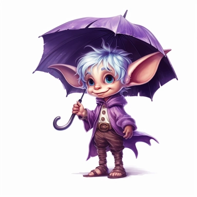 Cute Adorable magical little Elf with big pointed ears holds a umbrella in his hand wears a raincape and stand in the rain on a country road, clipart, photorealistic illustration, watercolor, high detail, 8k polished, 8k, vibrant colors, sticker, majestic, die cut, black and purple color, white background