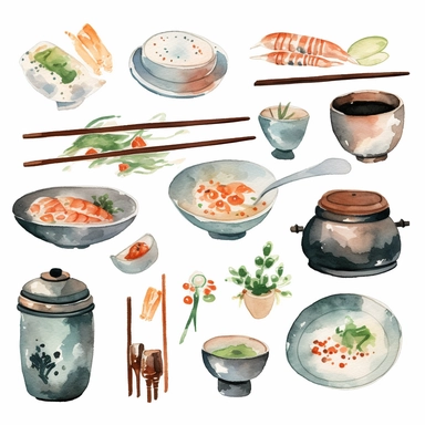 Watercolor 반찬, illustrations clipart set, simple, soft colors, cartoon elements, different variants,, porcelain elements, chopsticks , separate elements with a margin