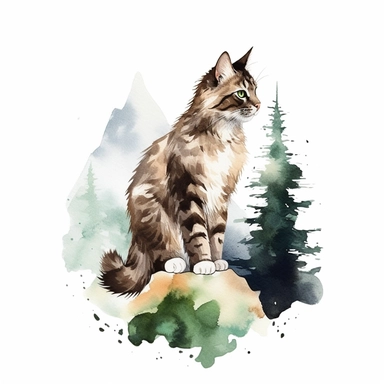 watercolor style, cat with the mountain forest in the back clipart, isolated on white background, hd