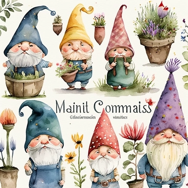 watercolor, clipart set isolate, Garden Gnomes: Clipart illustrations of adorable garden gnomes with pointy hats and cheerful expressions, adding a whimsical touch to your designs.