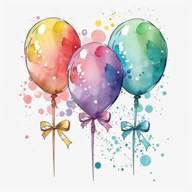 Watercolor clipart of 3 colorful balloons with spinning ribbons and bowknots on each balloon. The clipart features vector illustration with a symmetrical design on a white background. There is no text, watermark, extra ribbon, blurring, ugliness, or deformities present. v4