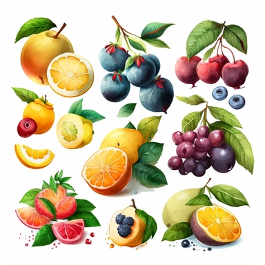 Clipart set of summer fruits, eye-catching composition, modern, free brushwork, white background
