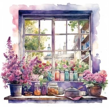 watercolor, hyper realistic, white background, white margins, 16k, ultra detailed clipart, cut out image, hand-drawn a kitchen window overlooking a vibrant garden, with pink and purple flowers in full bloom. in the style of colorful ink wash paintings, charming character illustrations, piles/stacks, creative commons attribution, digital painting, barroco