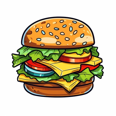 A Burger clipart in cartoon style with simples shapes, Cartoon style shapes, cartoon illustrations, illustrations, white background, transparent background, UHD, clean and elegant, vector illustration clipart, watercolor clipart, i can't believe how beautiful this is