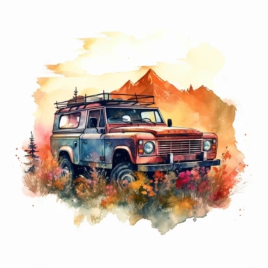 water color offroad floral advventure car 4*4 vehicle truck between high mountains and trees, vivid colors, sunset, clipart, hd, white background