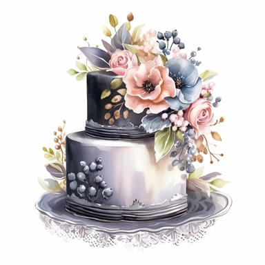clipart, isolated on white background, Watercolor cake with flowers, black colored, ornated, pastel colors