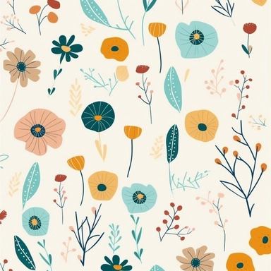 simple floral Pattern | GENRE: digital graphic clipart Art | EMOTION: cheerful | SCENE: A seamless pattern featuring simple digital graphic clipart art flowers in same sizes, with balanced negative space, in a peaceful and dreamy color palette | TAGS: doodle, floral, pattern, simple, cheerful | DESIGN ELEMENTS: Organic shames, bold textures, ample negative space | AESTHETIC: cheerful cartoon | COMPOSITION: Seamless, repeating pattern with a harmonious arrangement of elements and balanced negativ