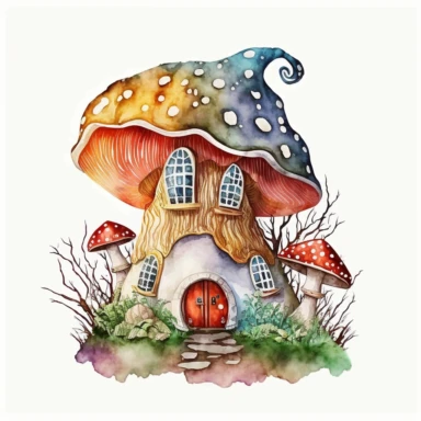 bright realistic Magical faires Mushroom House, watercolor colors clipart style, on white background, 32k, full high definition, ultra clear image, ultra fine lines, hyper-realistic detail, whole imagine with thick black outline