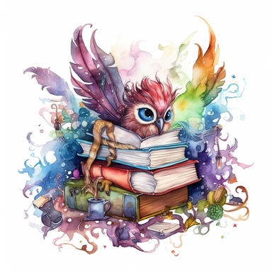 Visualize an open book clipart with watercolor illustrations of mythical creatures and magical objects, such as griffins, spellbooks, and enchanted artifacts, evoking a sense of mystery and fascination on a white background.