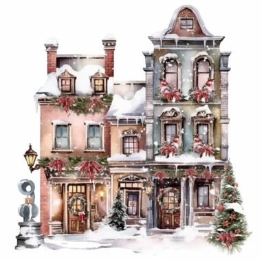 beautiful old town Christmas Clipart , style by Lucy Fleming, watercolor, smooth gradients, black contour outline, ultra detailed, clipart elements, delicate pastel colors, solid white background, super clear, high quality