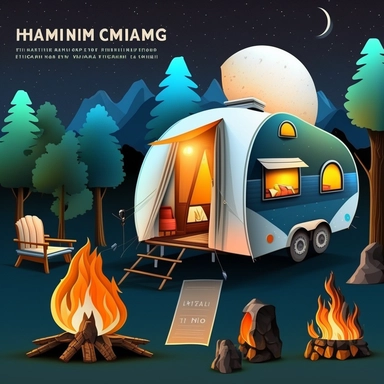 Camping by Night and Camping Trailer Clipart, Hiking family, Camping Bundle PNG, Moon light, Fireplace, Tent, Campers, Forest, white background with margins + 2D