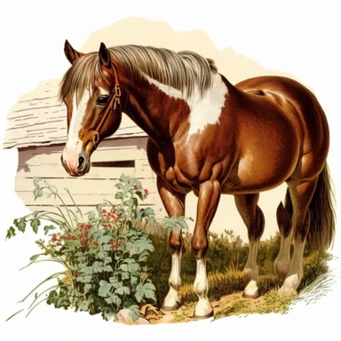 vintage beautiful horse clipart for scrapbooking with white background eating on a farm