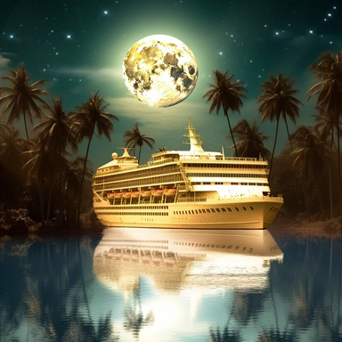 fantasy cruise gold ship in the moonlight, paradise island digital clipart on white paradise