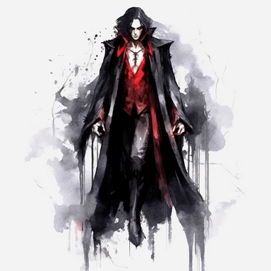 watercolor, mystic, gothic, dark guy dracula with fangs, very detailed, clipart, white background, black, full body