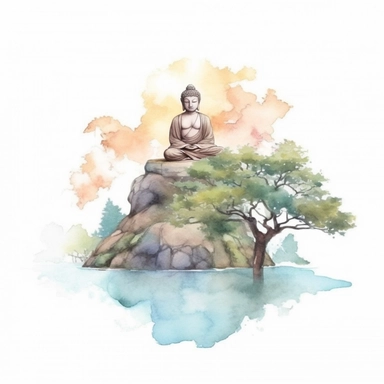 watercolor style, buddha with realistic scenery clipart, isolated on white background, 4K