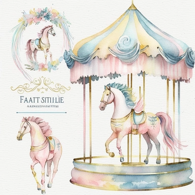 pastel pink, blue, yellow carousel horse, banners watercolor clipart
