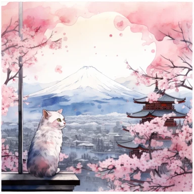 Watercolor Cute Ragdoll Cat sitting at her back in a wide window, and watching Mount Fuji in Japan, Chureito Pagoda and Spring cherry blossoms, lake reflection of everything, architecture of houses, cherry blossoms, pink leaves flying in the air, By Yuzo Komori. Clipart, clean line, on white background, spaced out, with enough space around.