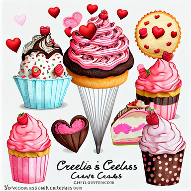 valentines day treats, cupcakes, chocolate candy, ice cream soda, cakes and cookies clipart set, hand-drawn,