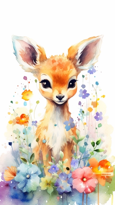 A cute baby deer sitting in a bed of colorful flowers, looking up at the sky with curious eyes, surrounded by butterflies and bees, evoking a sense of innocence and wonder, Watercolor painting with a bright and cheerful color palette, emphasizing the playfulness of the scene, watercolor clipart, white background