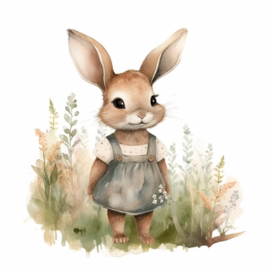watercolour clipart illustration of cute shy modest baby bunny looking to the left wearing beautiful detailed modern summer dress below waist, standing in woodlands background on grass with flowers on white background, in the style of hyper-realistic animal illustrations, i can't believe how beautiful this is, childlike illustrations, close up, earthy tones