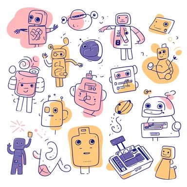 clipart collection of scribbles and illustrations of a group of generative AI bots featuring an author bot, a coding bot, an illustration bot, photographer bot and an assistant bot, all non-binary characters, professional web design, friendly, cool, modern web illustration, two-tone, cute, playful, helping