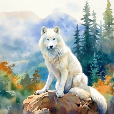 A white wolf sitting proudly, looking off into the camera, with forest and mountains framing the scene, vivid colors, watercolor by Thomas W. Shaller, clipart, solid background, no watermark, 8k