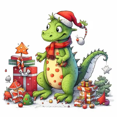 Christmas tree with toys, cute funny avocado green dragon, red cardigan, snow, winter, style by Lusy Fleming, folk art, clipart elements, smooth gradients, black contour outline, ultra detailed, white background, super clear, high quality