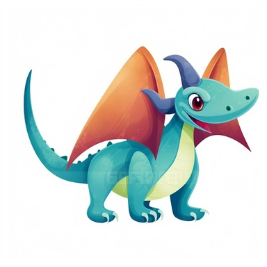Pterodactyl on isolate white background, simple design, illustration, flat colors, simple lines, graphic novel style, 2d painting, watercolor painting style, trending on art station, digital art, childrens character design, happy mood, watercolor, pixar style cartoon, without line work, minimalist, clipart